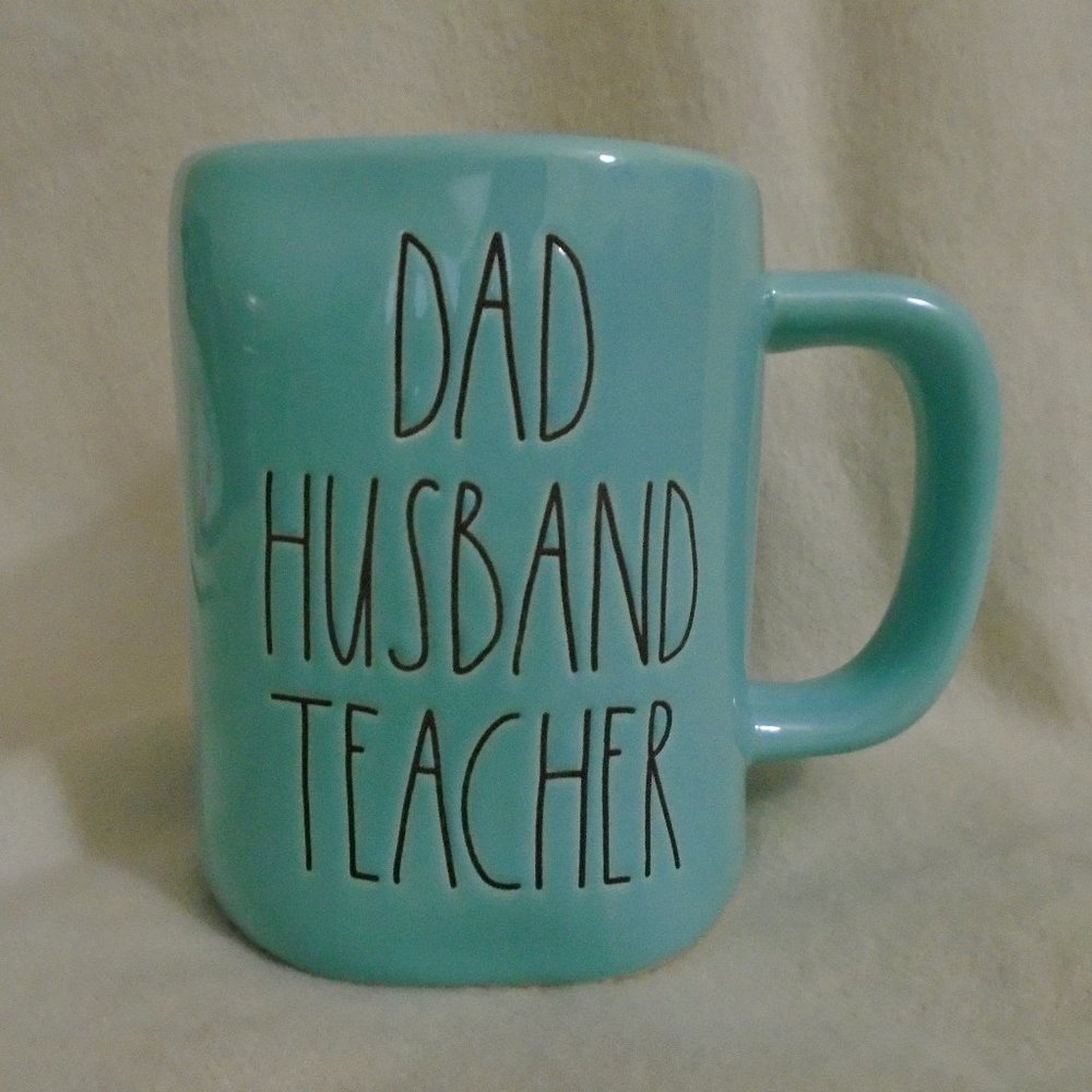 Rae Dunn Mug "Dad Husband Teacher" Gray letters on Teal Blue Coffee mug NEW